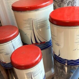 Vintage 4 pc tin Canister set- Sailboat sea nautical